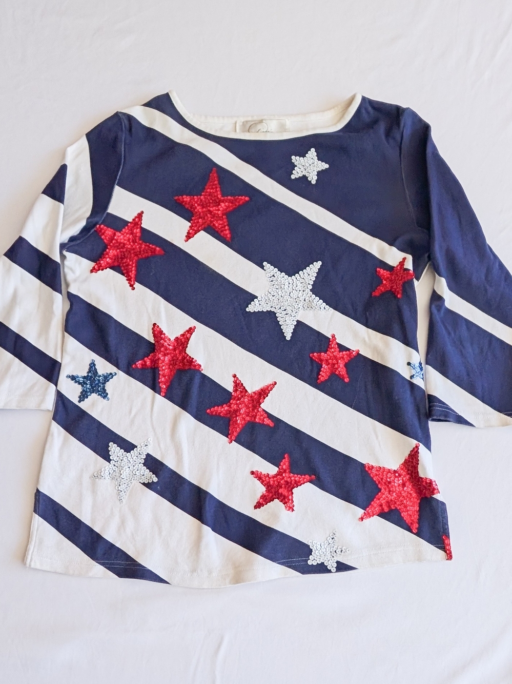 Essentials Navy & White Short Sleeve Tee with Red, Silver Sequin Stars